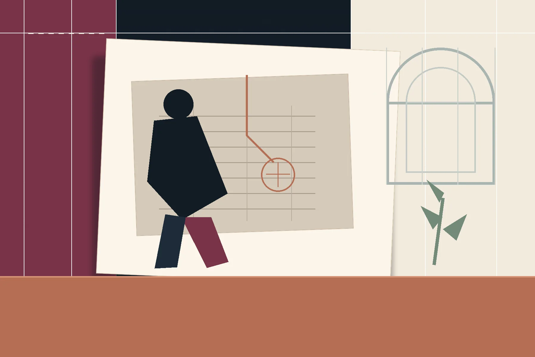 Table de travail et silhouette dans un atelier financier calme